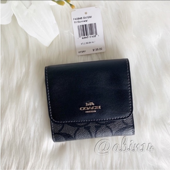 NWT Coach Small Trifold Wallet in Signature Leather Canvas Black Gunmetal - Picture 5 of 8